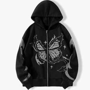 Fashion Women's Butterfly Design Hoodie Streetwear Jacket Black Size Small